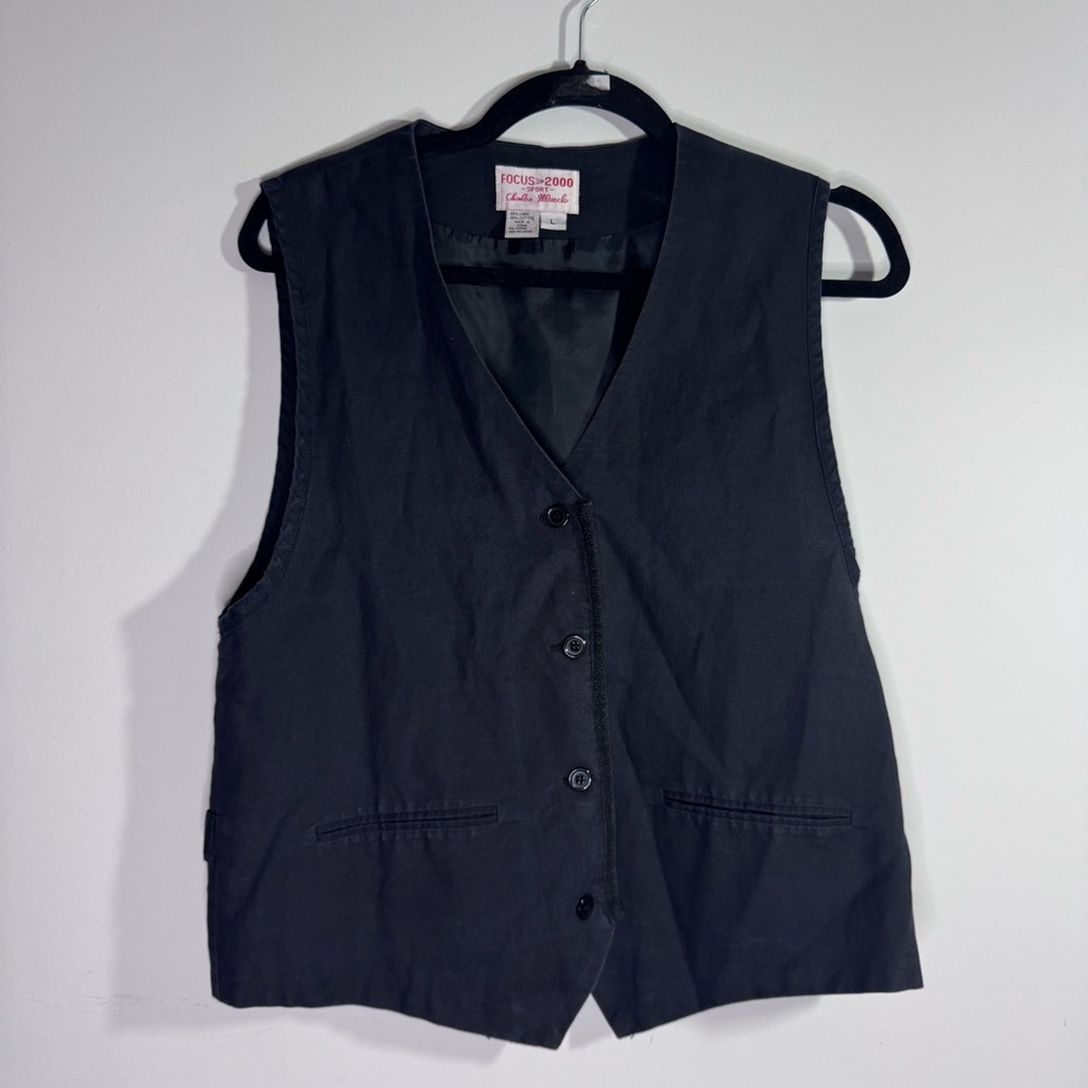 Vintage Focus 2000 Linen Vest Large Black Button Front Minimalist 90s